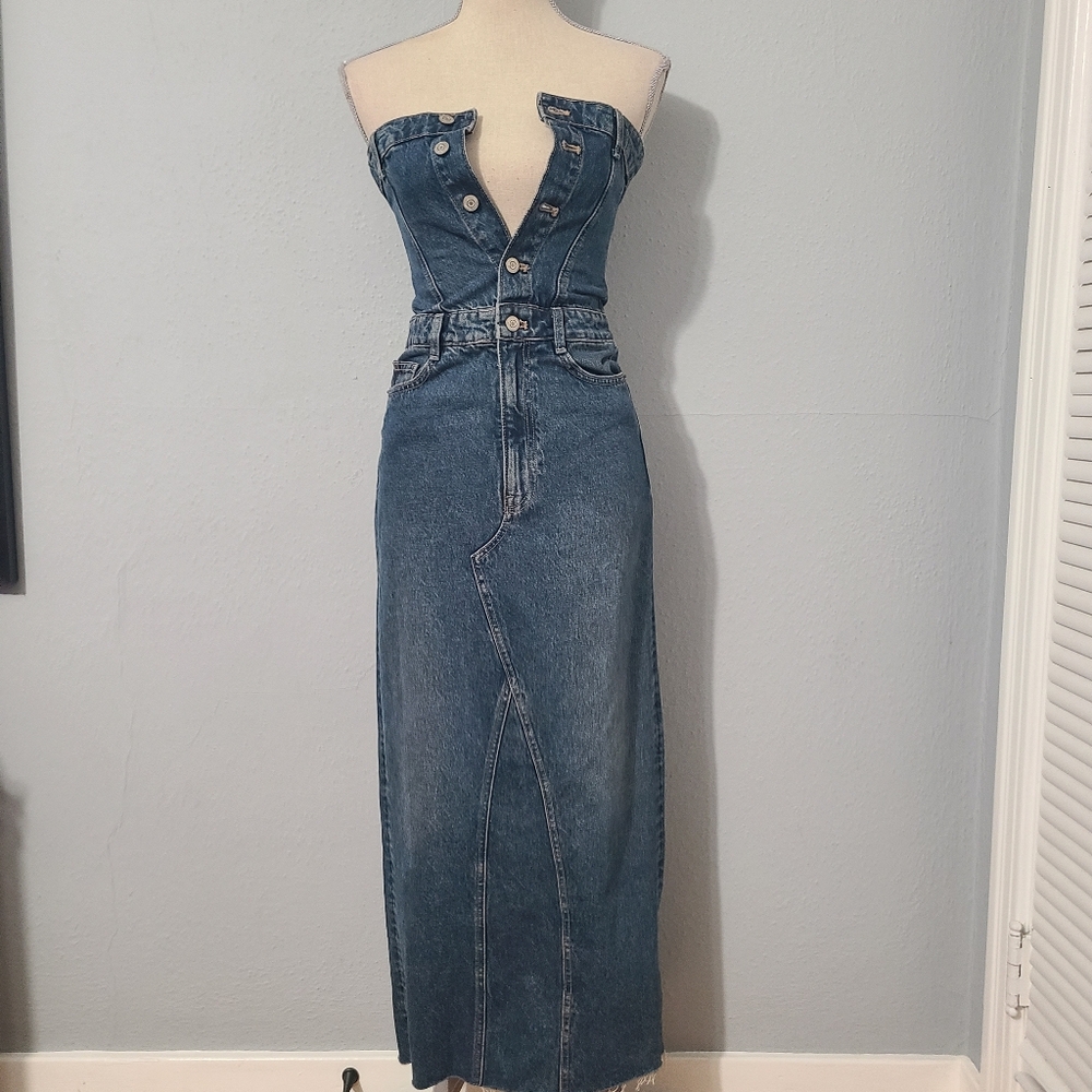 Zara Denim Button-Up Strapless Corset Maxi Dress NWT Size XS‎